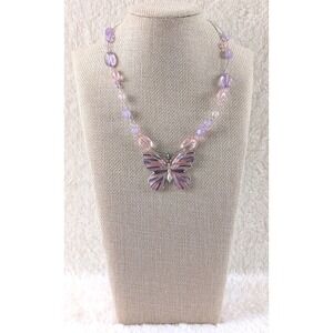 Pink & Purple Butterfly Pendant Necklace – Beaded Wire Strand Statement‎ Jewelry